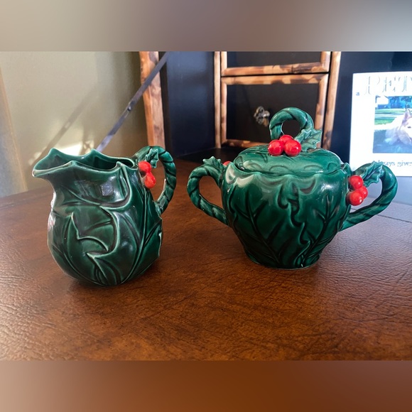 Vintage Lefton Set Creamer & Sugar bowl w/lid-Holly Berries #1355 - Picture 9 of 16